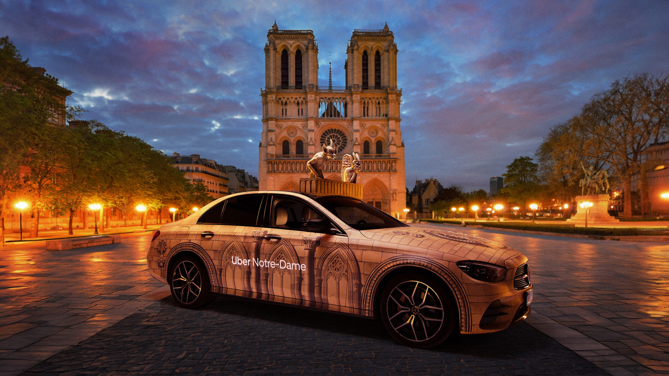 Notre-Dame de Paris with a Uber's limited edition