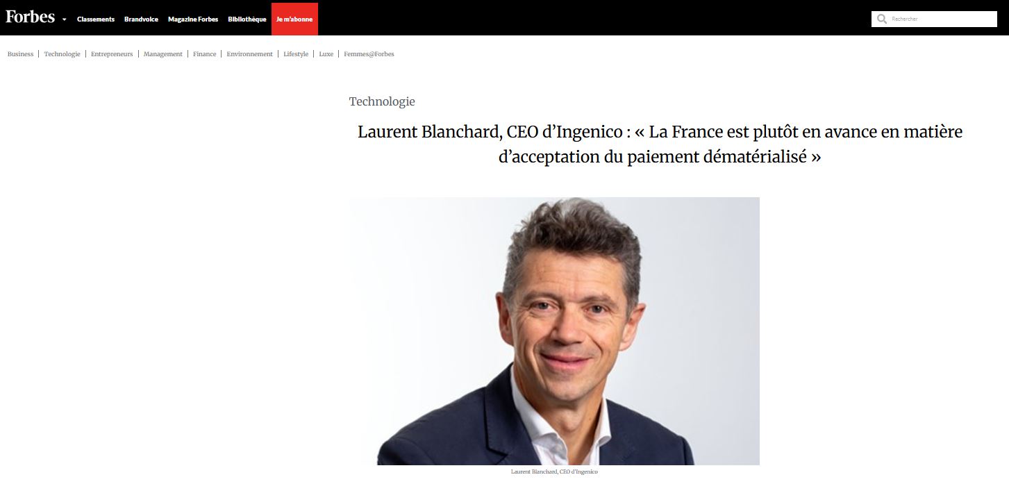 Forbes article page with headline on France’s lead in cashless payment acceptance and a headshot of a man