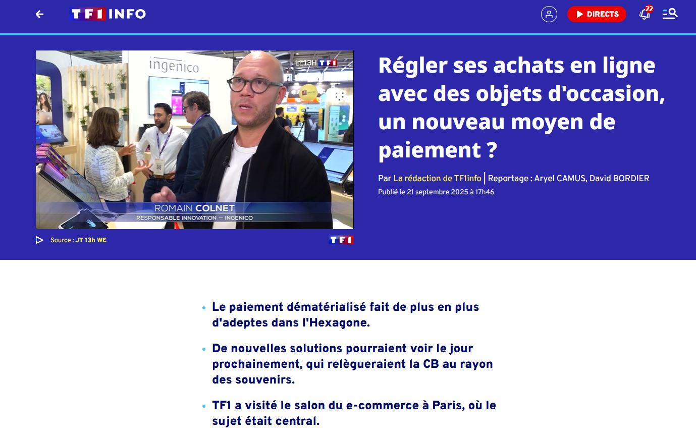 TF1 Info webpage with TV news segment about new online payment methods and an interview at a trade show